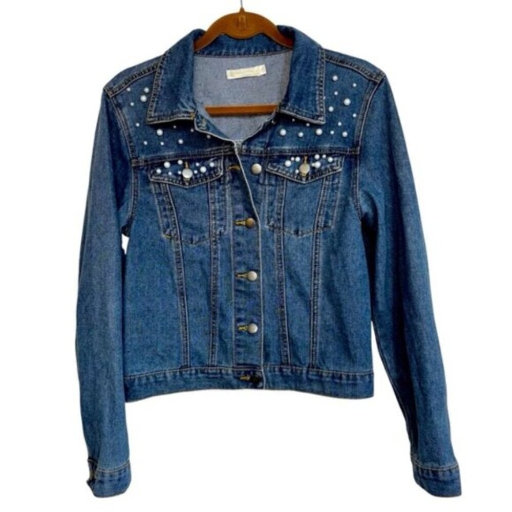 Untamed Petals Denim Jacket Pearl Accents Medium